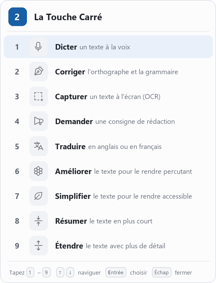 Menu des neuf actions de La Touche Carré sous Windows